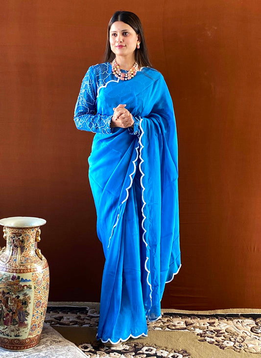 Noor - Blue Handwork Scallop Saree with Blouse