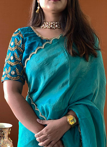 Shubhaantar - Green Banarasi Tissue Scallop Handwork Saree