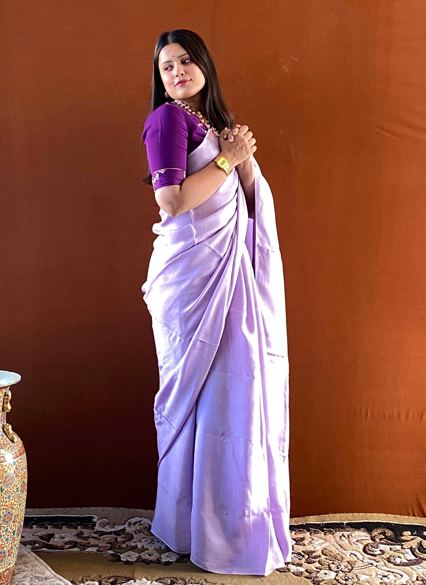 Noor - Lilac Habutai Plain Saree with Designer Blouse