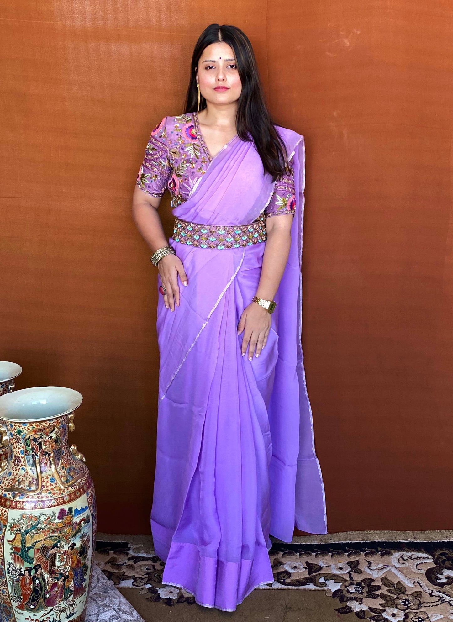 Noor - Lilac Plain Saree with Designer Blouse