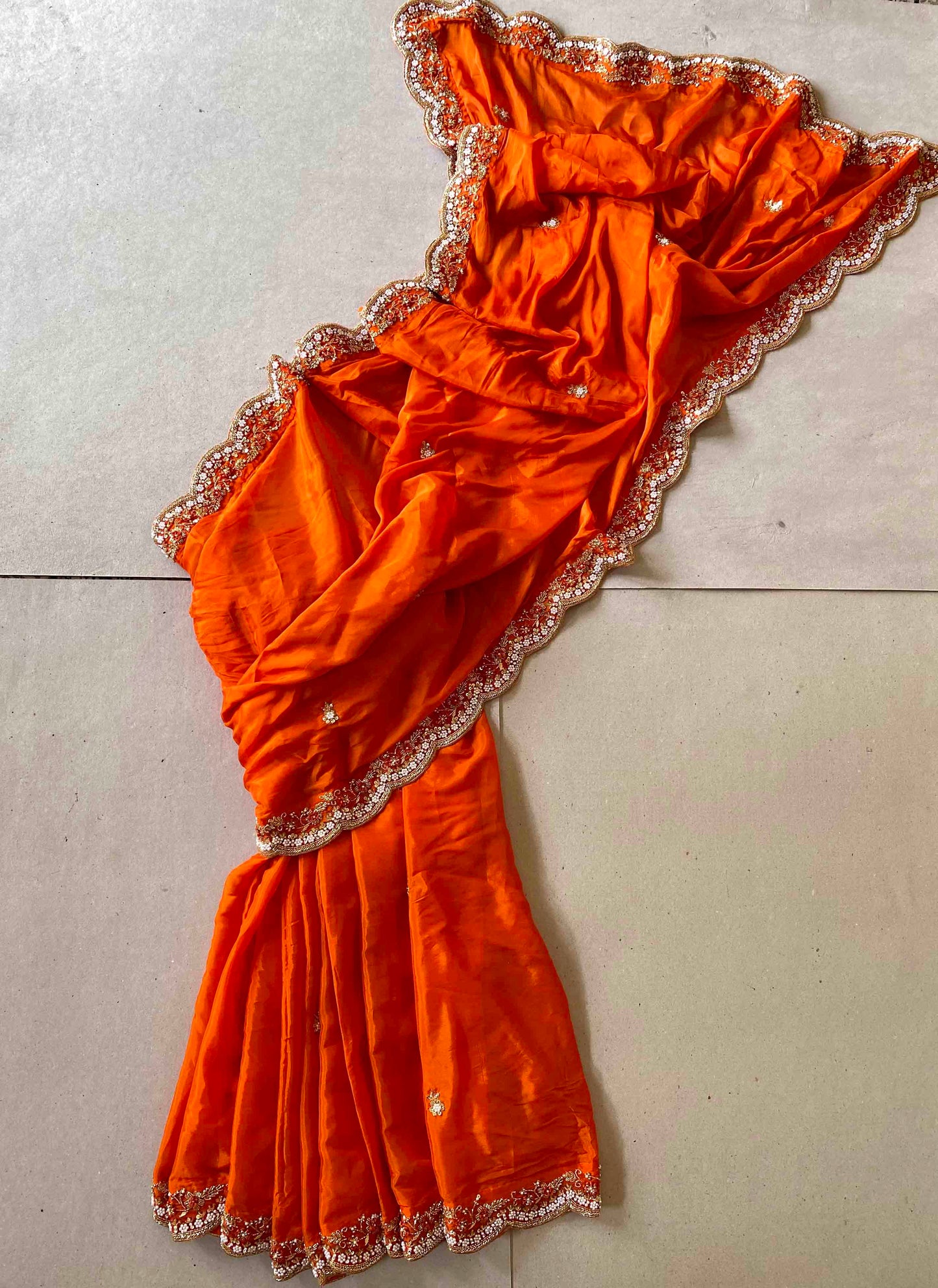 Riwaayat ~ Orange Habutai Silk Saree with Hand Embroidery & Matching Blouse – Festive Wear