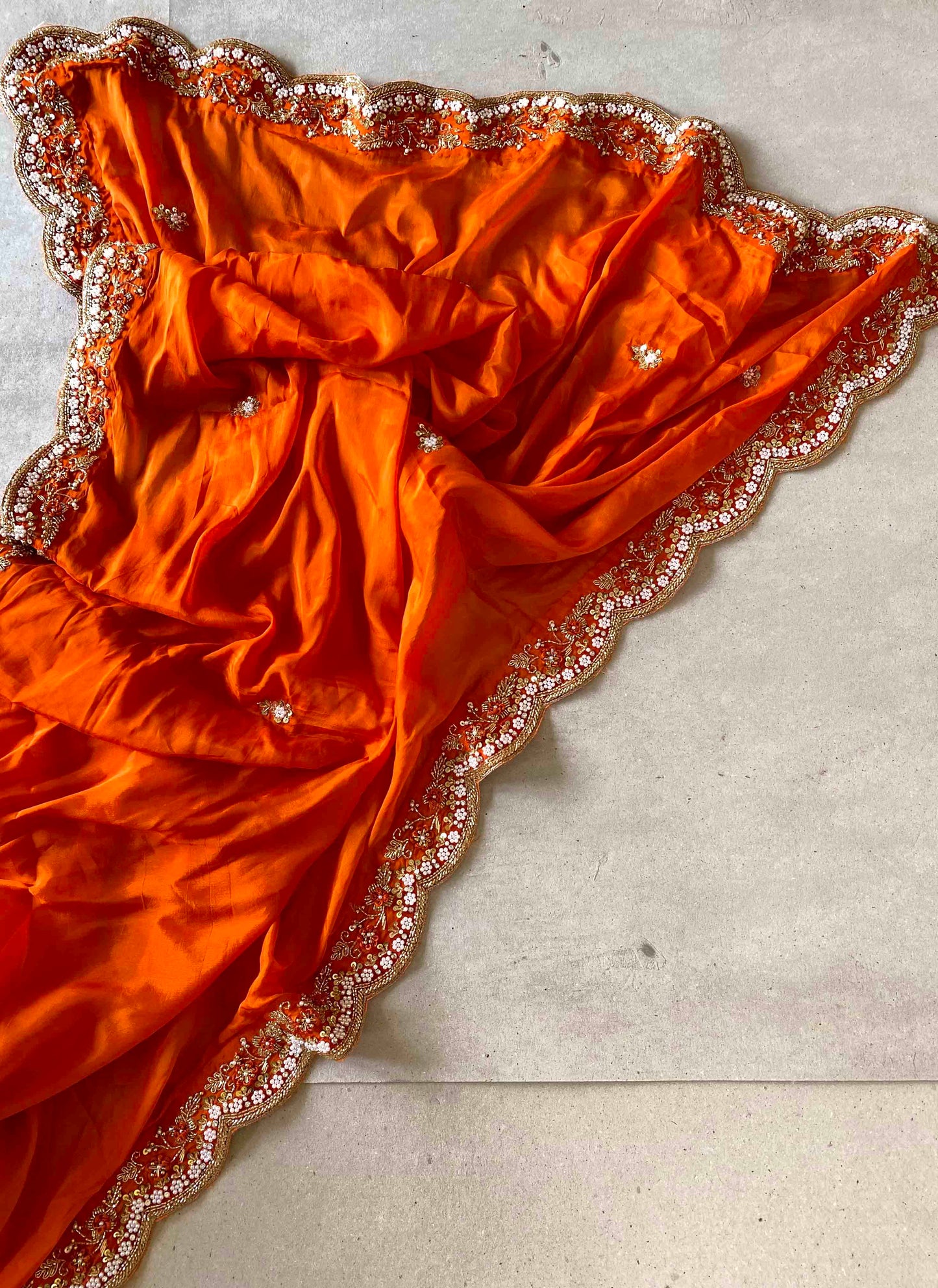 Riwaayat ~ Orange Habutai Silk Saree with Hand Embroidery & Matching Blouse – Festive Wear