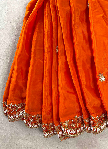 Riwaayat ~ Orange Habutai Silk Saree with Hand Embroidery & Matching Blouse – Festive Wear