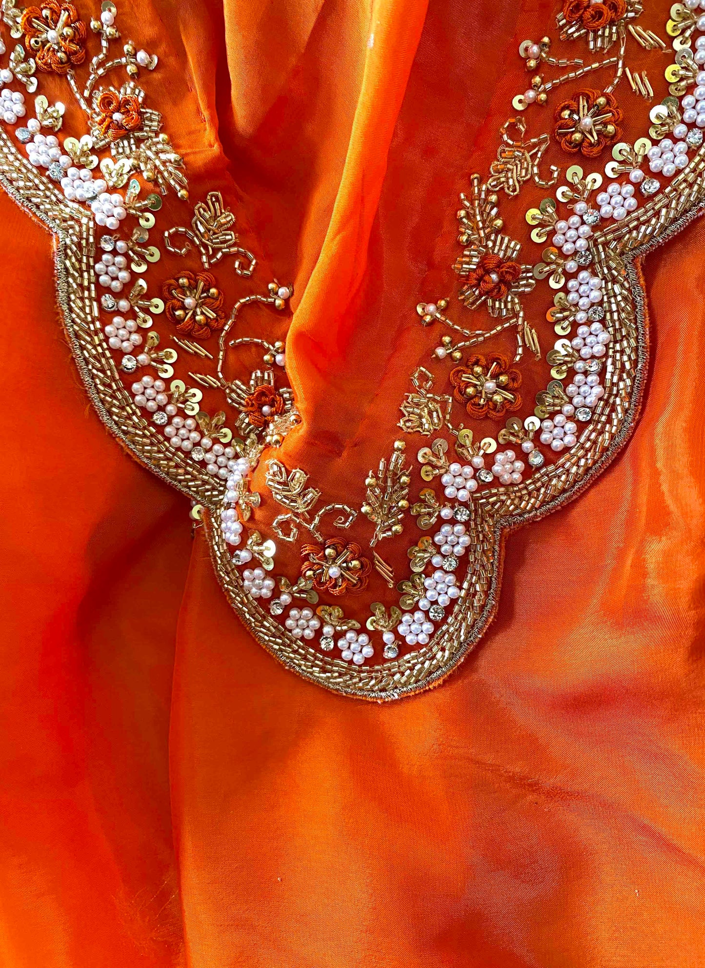Riwaayat ~ Orange Habutai Silk Saree with Hand Embroidery & Matching Blouse – Festive Wear