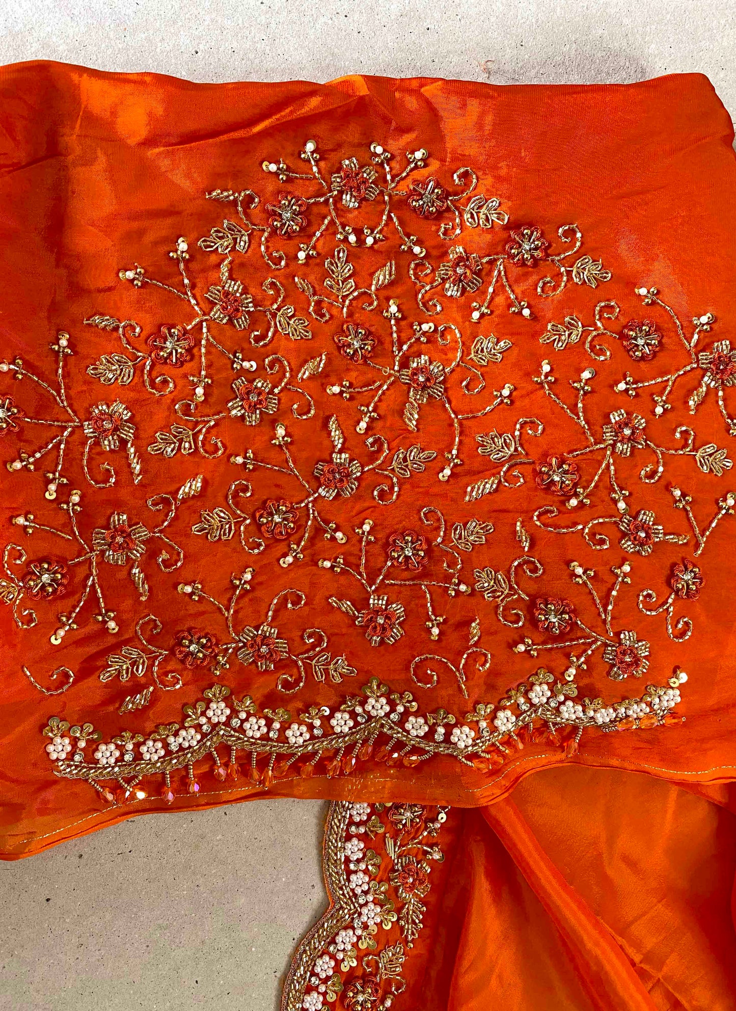 Riwaayat ~ Orange Habutai Silk Saree with Hand Embroidery & Matching Blouse – Festive Wear