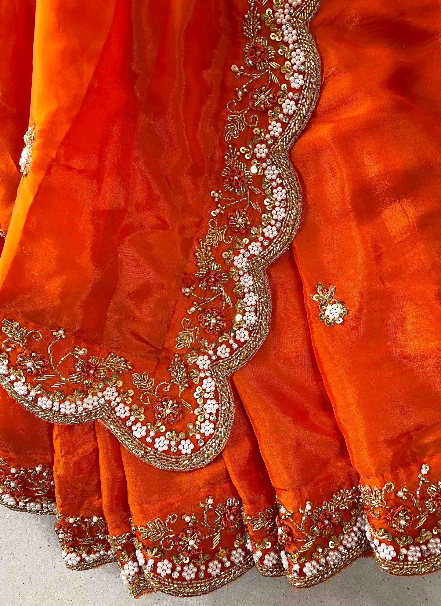 Riwaayat ~ Orange Habutai Silk Saree with Hand Embroidery & Matching Blouse – Festive Wear