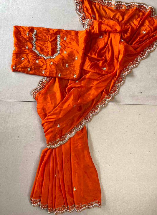 Riwaayat ~ Orange Habutai Silk Saree with Hand Embroidery & Matching Blouse – Festive Wear