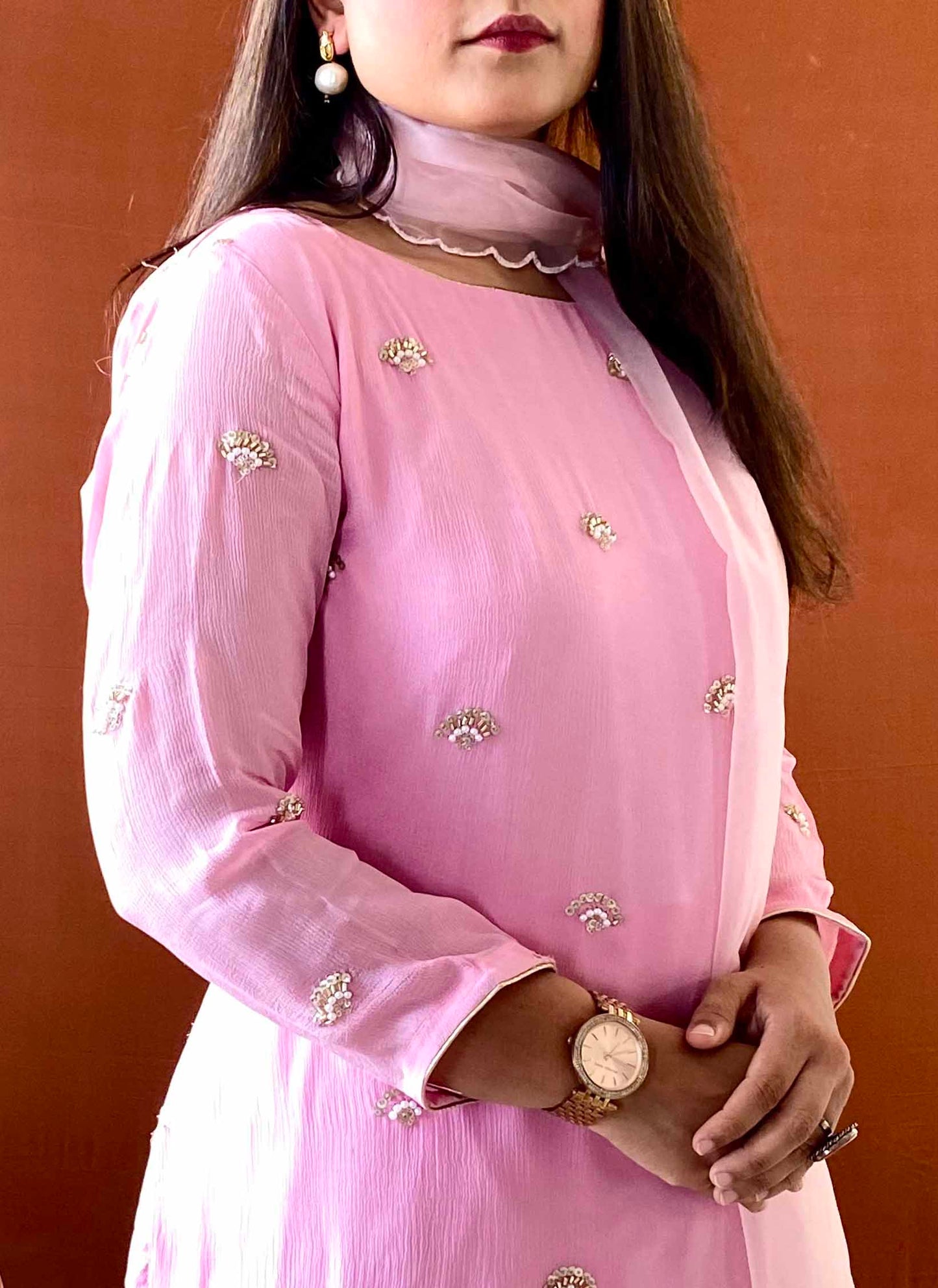 Riwaayat ~ Pink Chinon Crepe Kurta Set with Dupatta – Lightweight Festive Ensemble