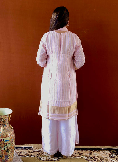 Ruh - Pink Striped Tissue Boat Neck Woven Kurta and Pant Set