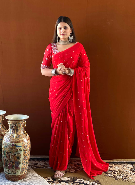 Noor - Red Georgette Buti Saree with Handwork Blouse