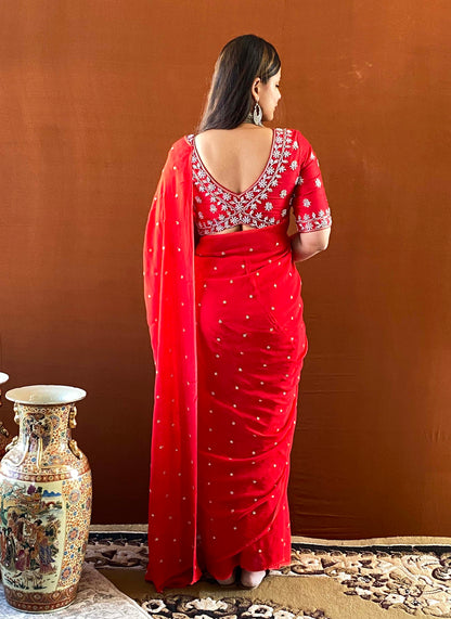 Noor - Red Georgette Buti Saree with Handwork Blouse