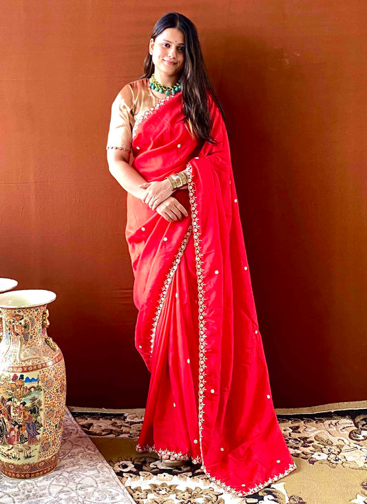 Riwaayat ~ Red Upada Silk Hand Embroidered Saree with Blouse – Designer Ethnic Saree