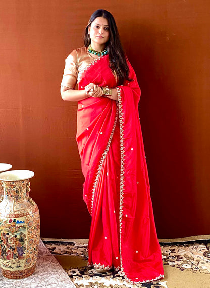 Riwaayat ~ Red Upada Silk Hand Embroidered Saree with Blouse – Designer Ethnic Saree