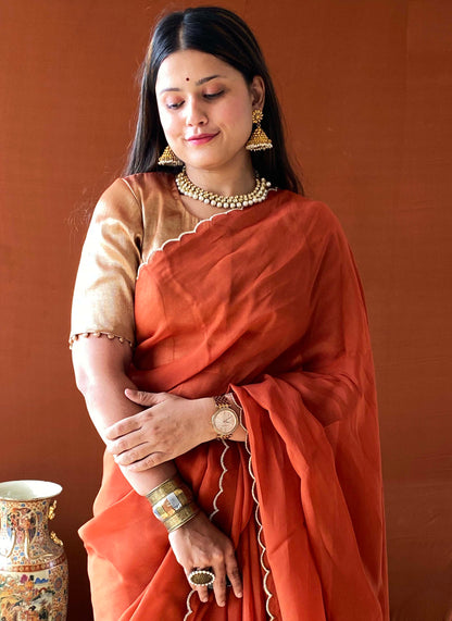 Noor - Rust Brown Scallop Saree and Blouse