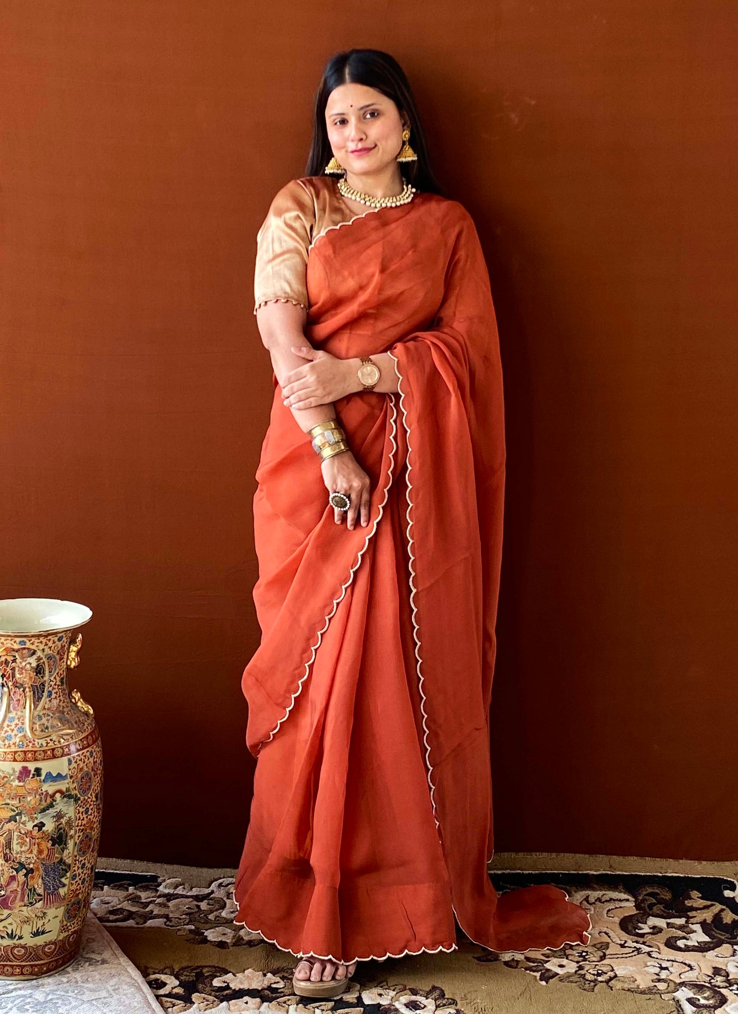 Noor - Rust Brown Scallop Saree and Blouse