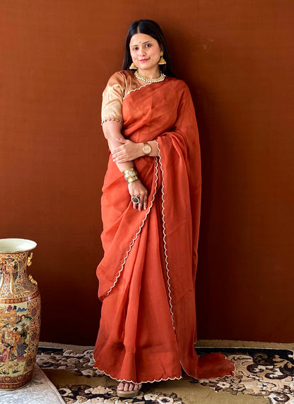 Noor - Rust Brown Scallop Saree and Blouse