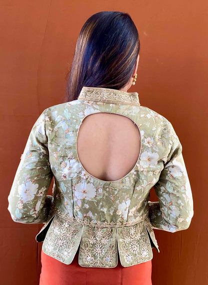 Ruh - Green Banarasi Tissue Silk Handwork Jacket Blouse