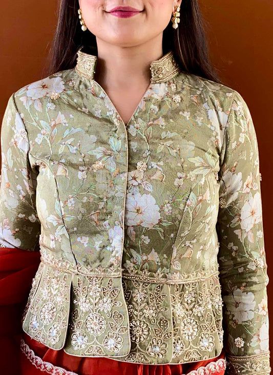 Ruh - Green Banarasi Tissue Silk Handwork Jacket Blouse