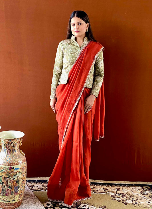 Ruh - Rust Brown Georgette Organza Saree with Green Floral Unstitched Blouse