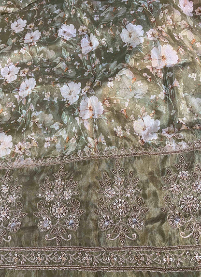 Ruh - Rust Brown Georgette Organza Saree with Green Floral Unstitched Blouse