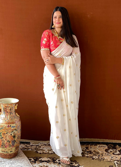 Noor - White Chinon Crepe Handwork Buti Saree with Blouse