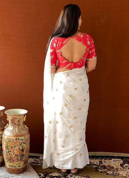 Noor - White Chinon Crepe Handwork Buti Saree with Blouse