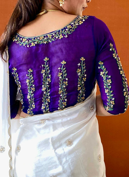 Ruh - White Cutdana Embroidered Chinon Crepe Saree with Blue Handwork Unstitched Blouse