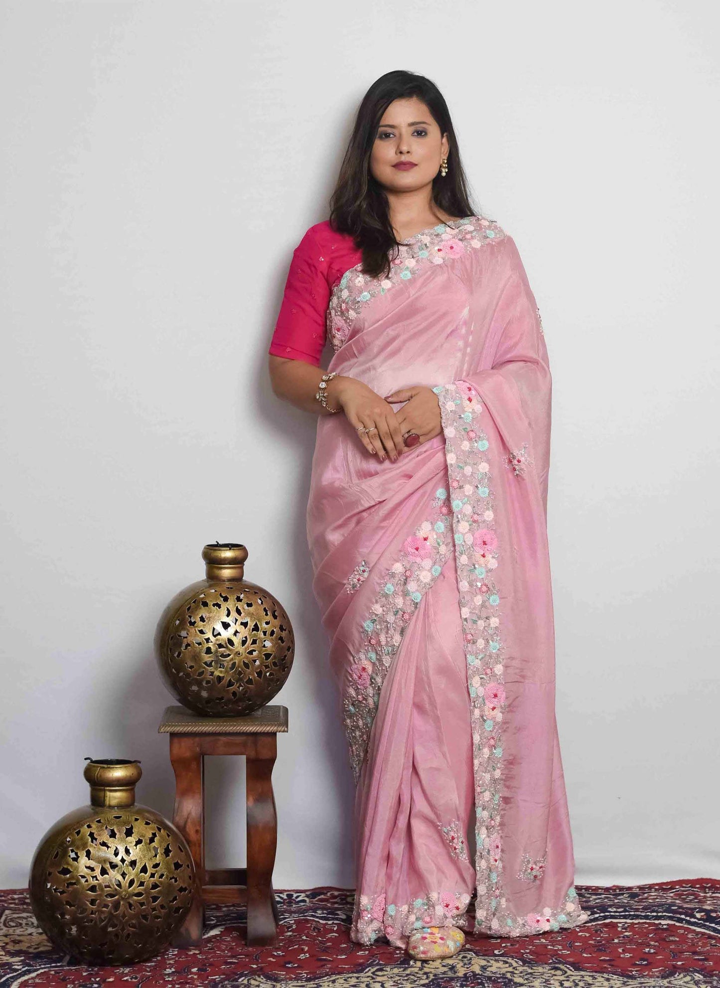 Pink Pearl Sequin Handwork Saree