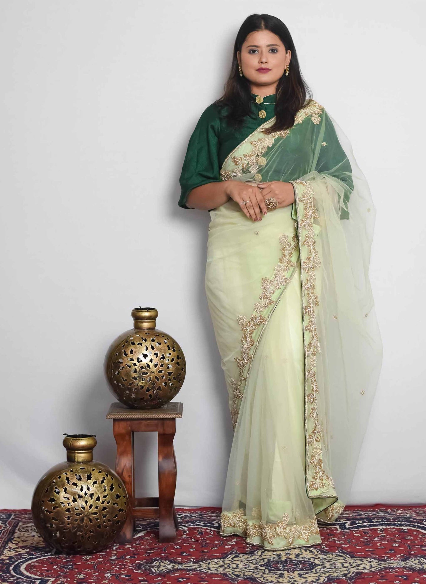 Green Moti Net Handwork Saree