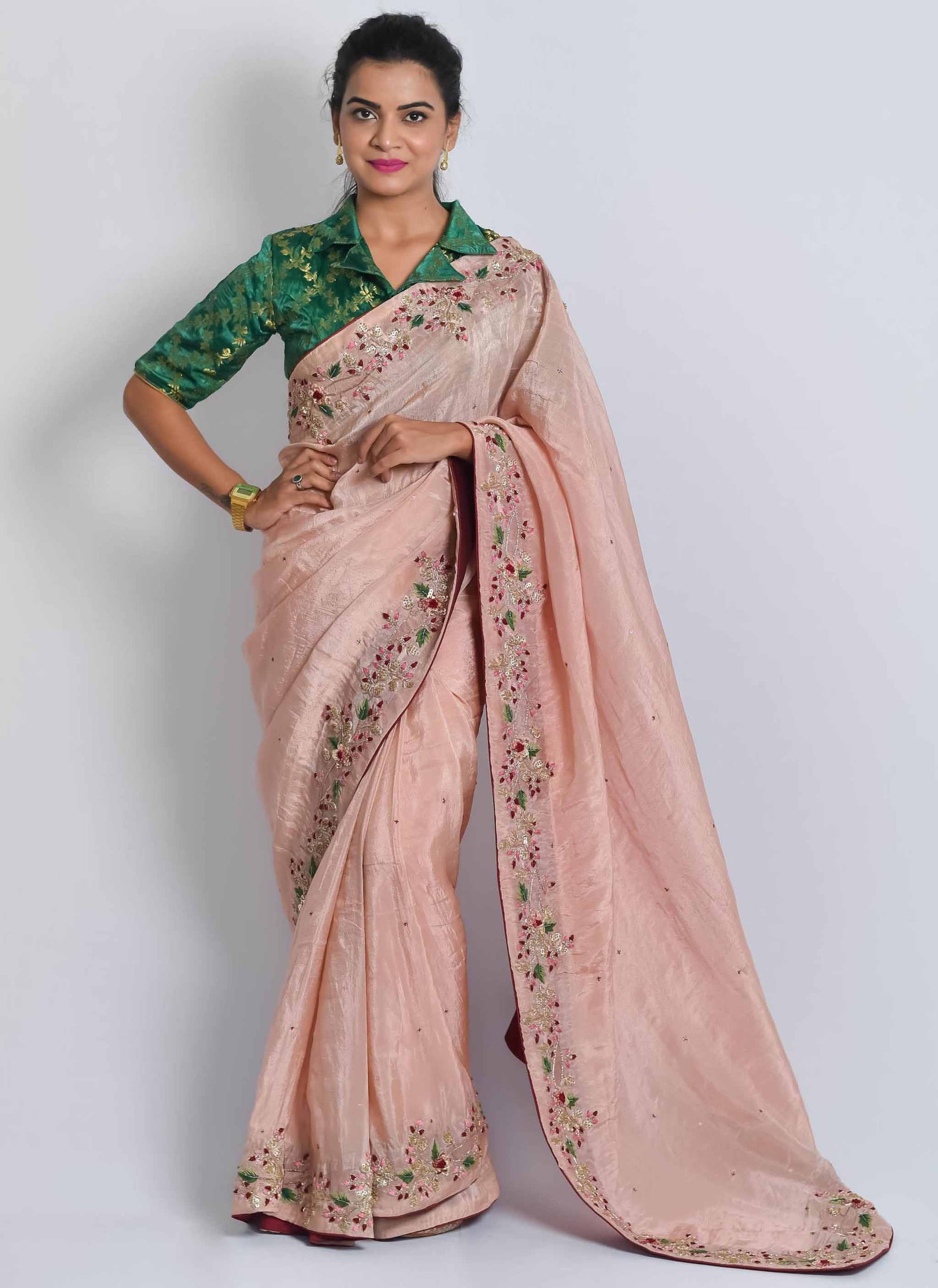 Peach Zardosi Sequin Handwork Saree