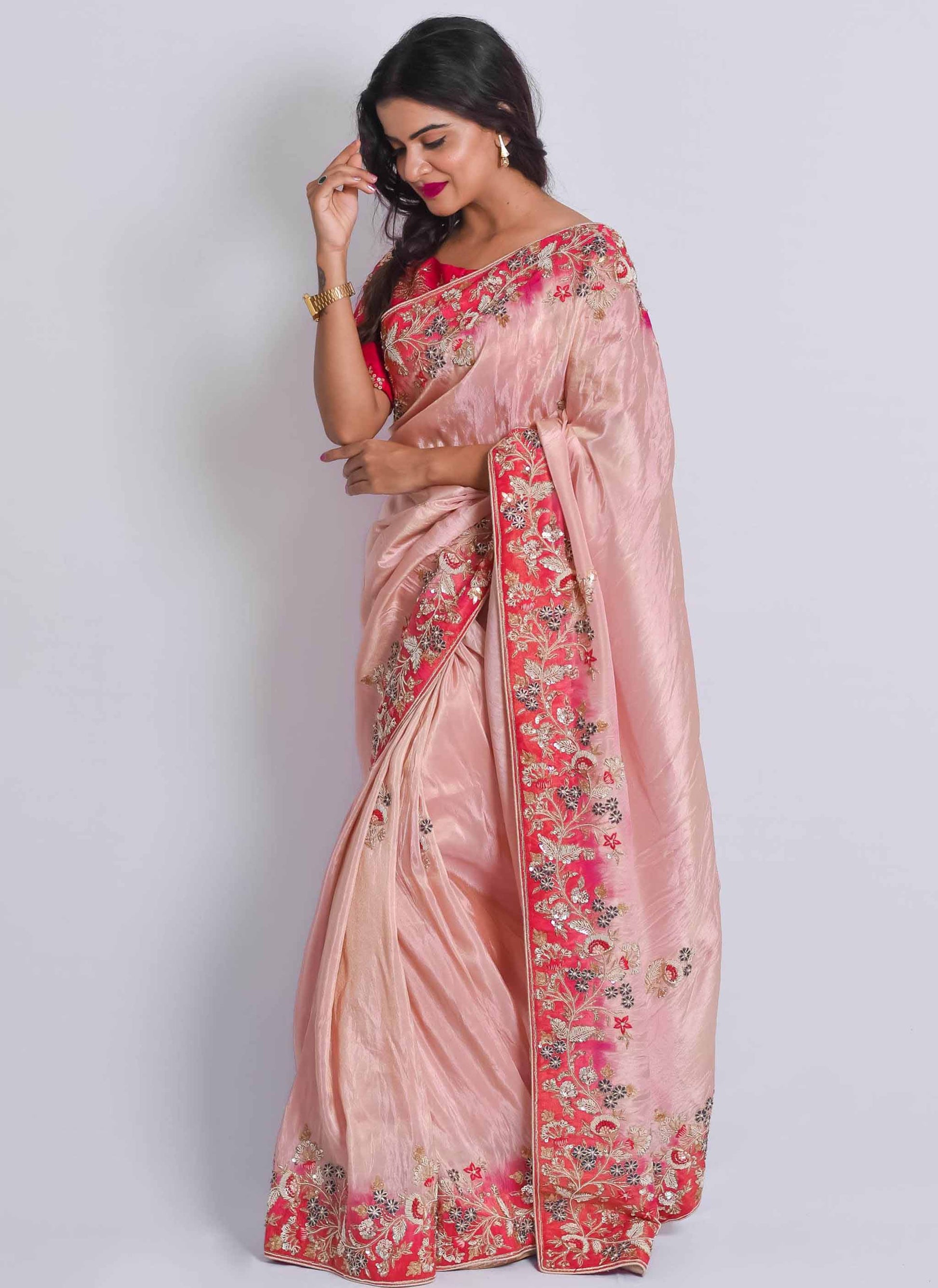 Pink Shaded Zardosi Handwork Saree