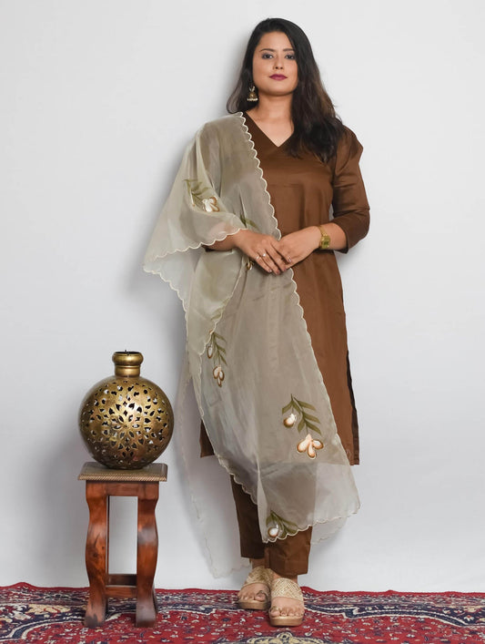 Brown Cotton Silk Kurti Set with White Handpainted Dupatta