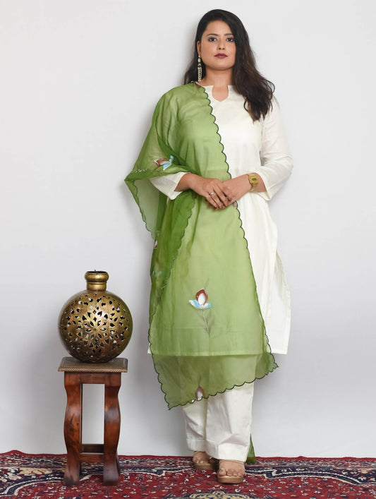 White Cotton Silk Kurti Set with Green Handpainted Dupatta