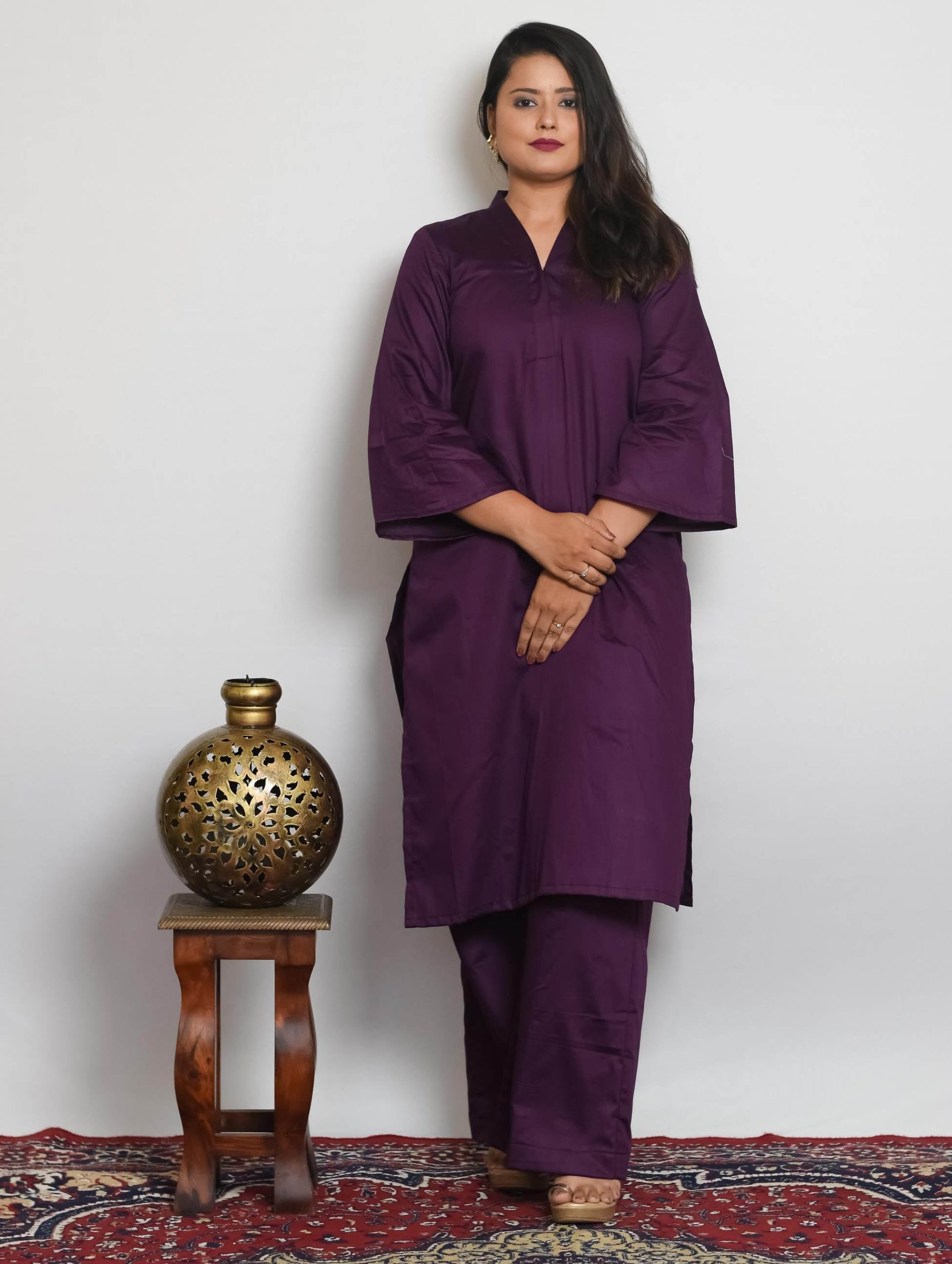 Wine Cotton Silk Kurti Set