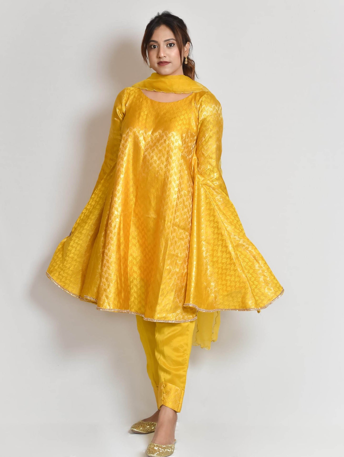 Yellow Banarasi A-Line Kurti Set