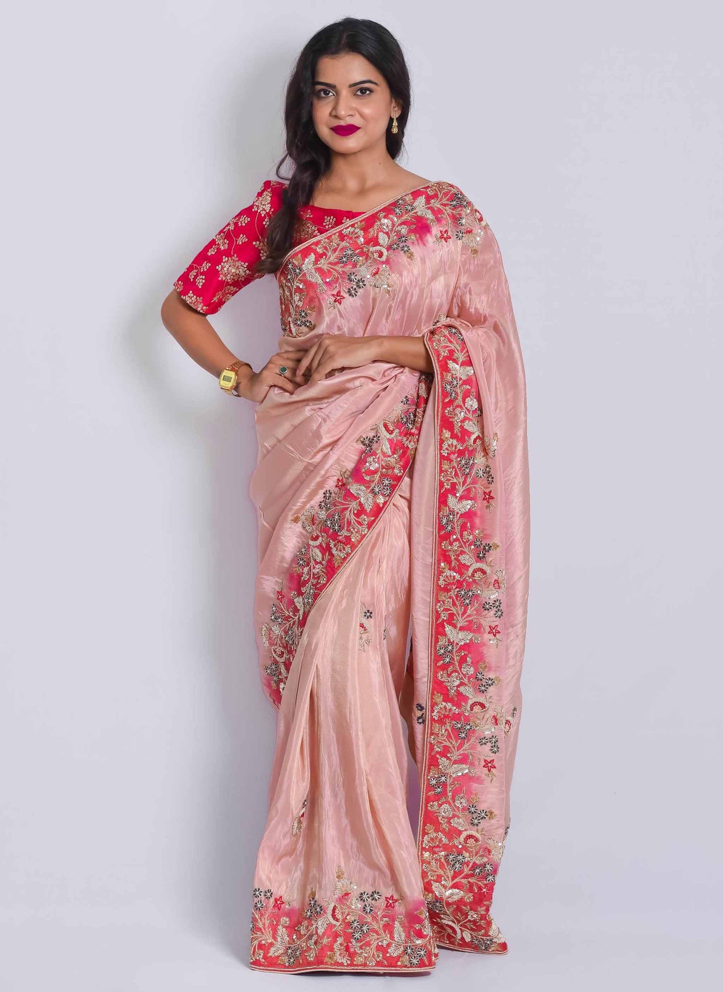 Pink Shaded Zardosi Handwork Saree