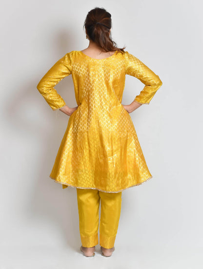 Yellow Banarasi A-Line Kurti Set