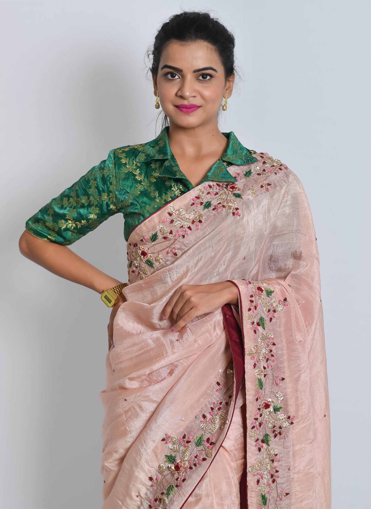 Peach Zardosi Sequin Handwork Saree