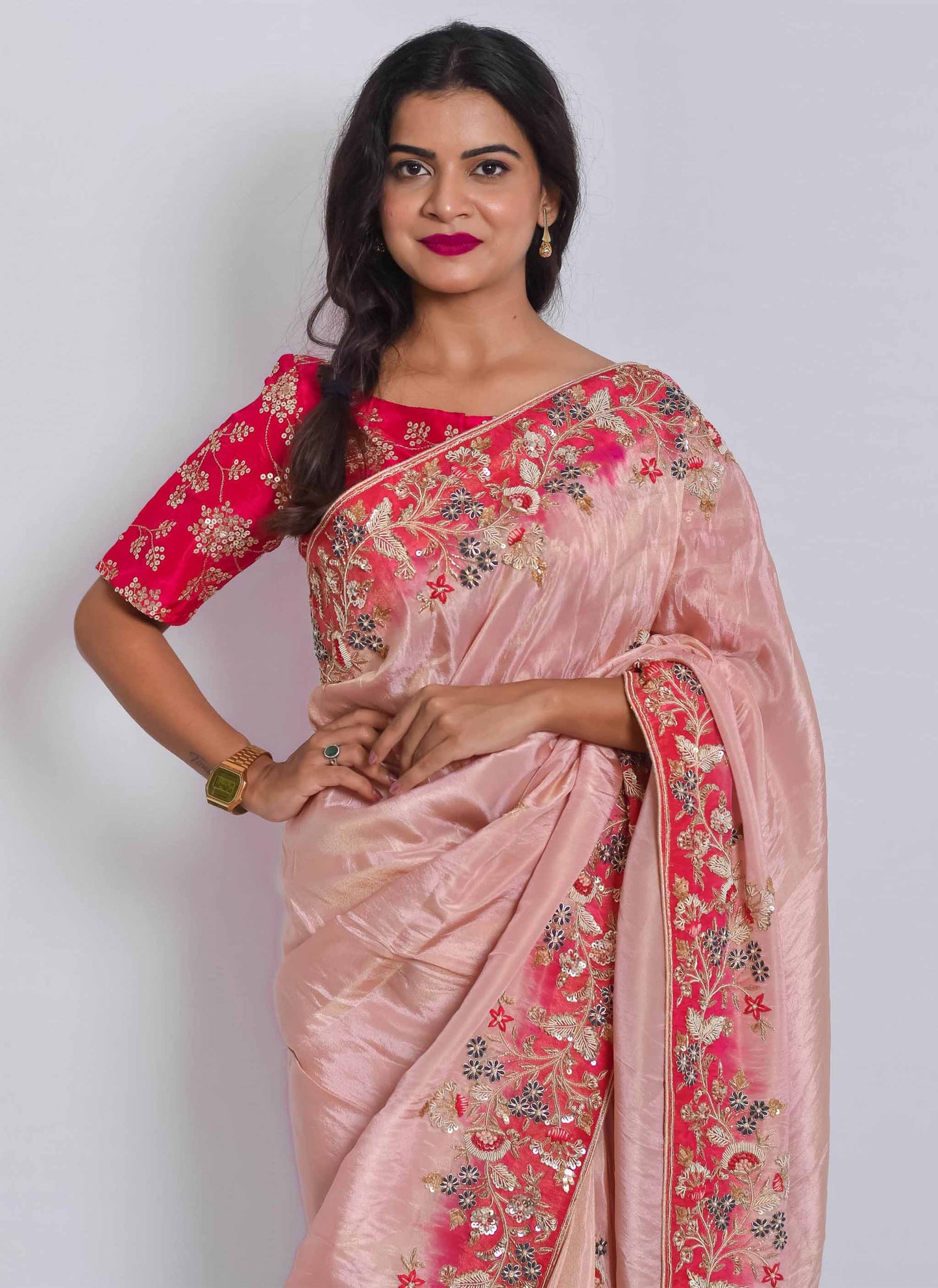 Pink Shaded Zardosi Handwork Saree