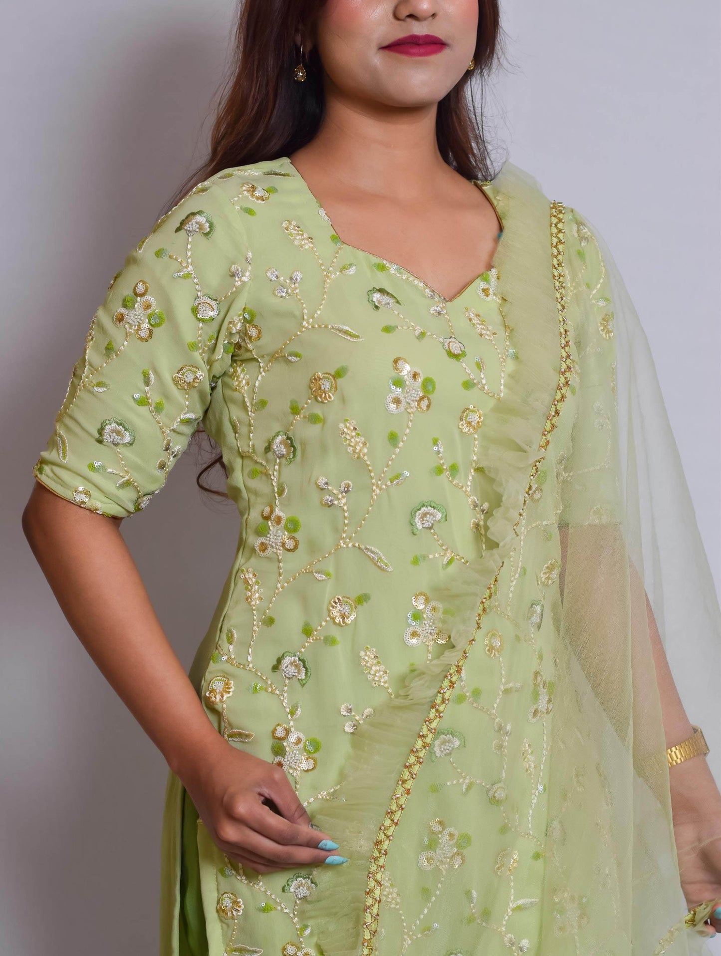 Pista Green Georgette Sharara Set