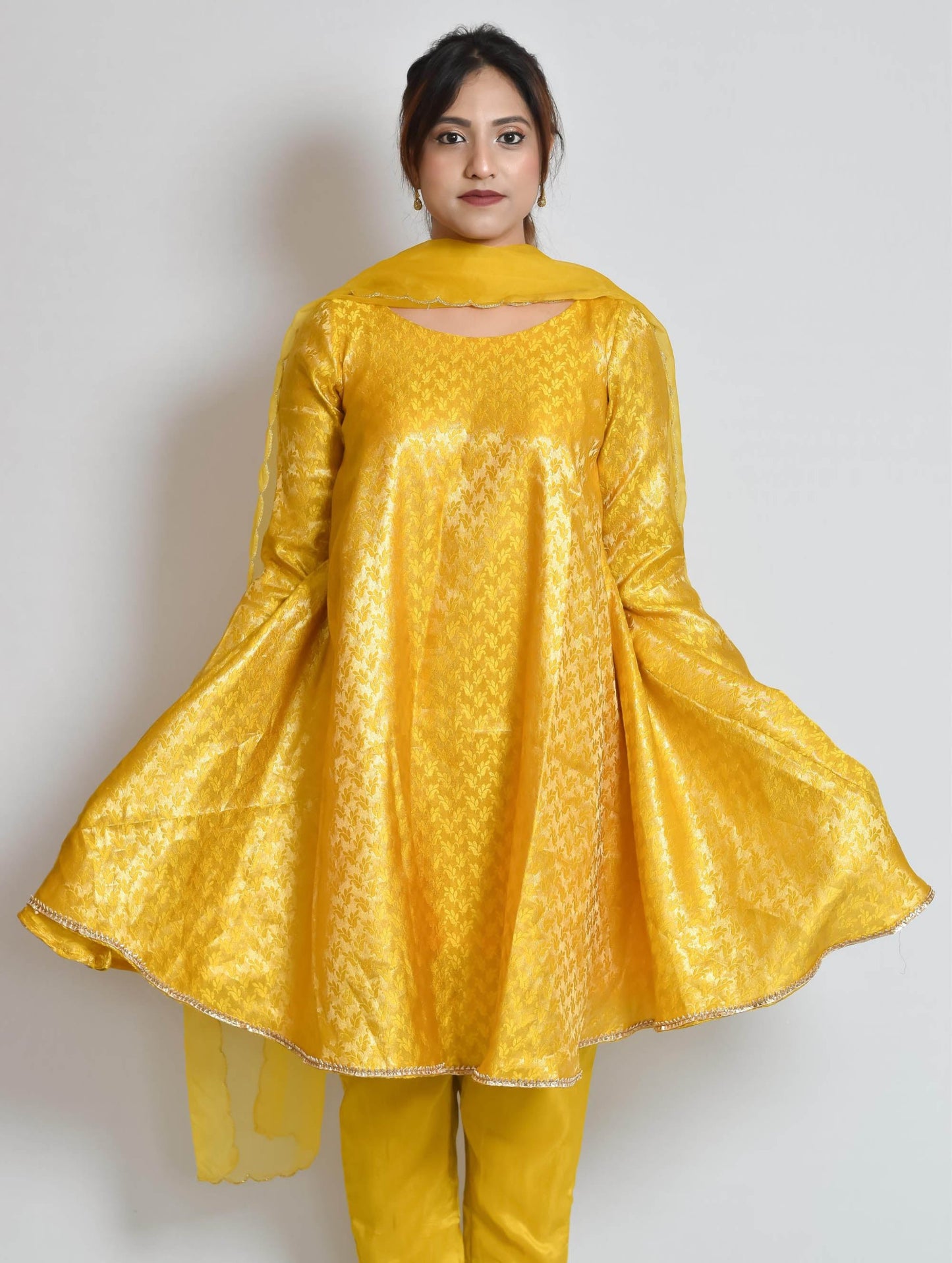 Yellow Banarasi A-Line Kurti Set