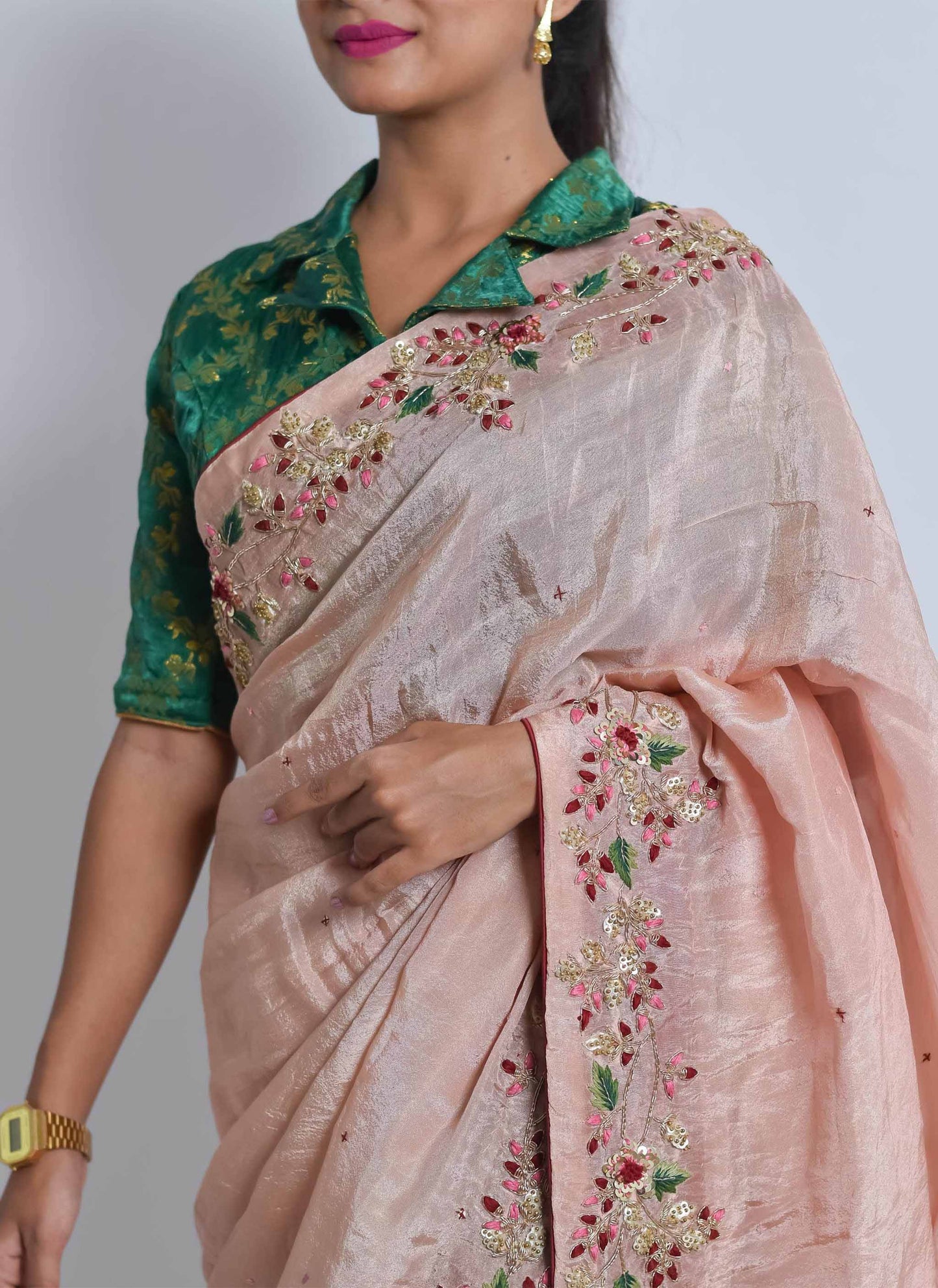 Peach Zardosi Sequin Handwork Saree