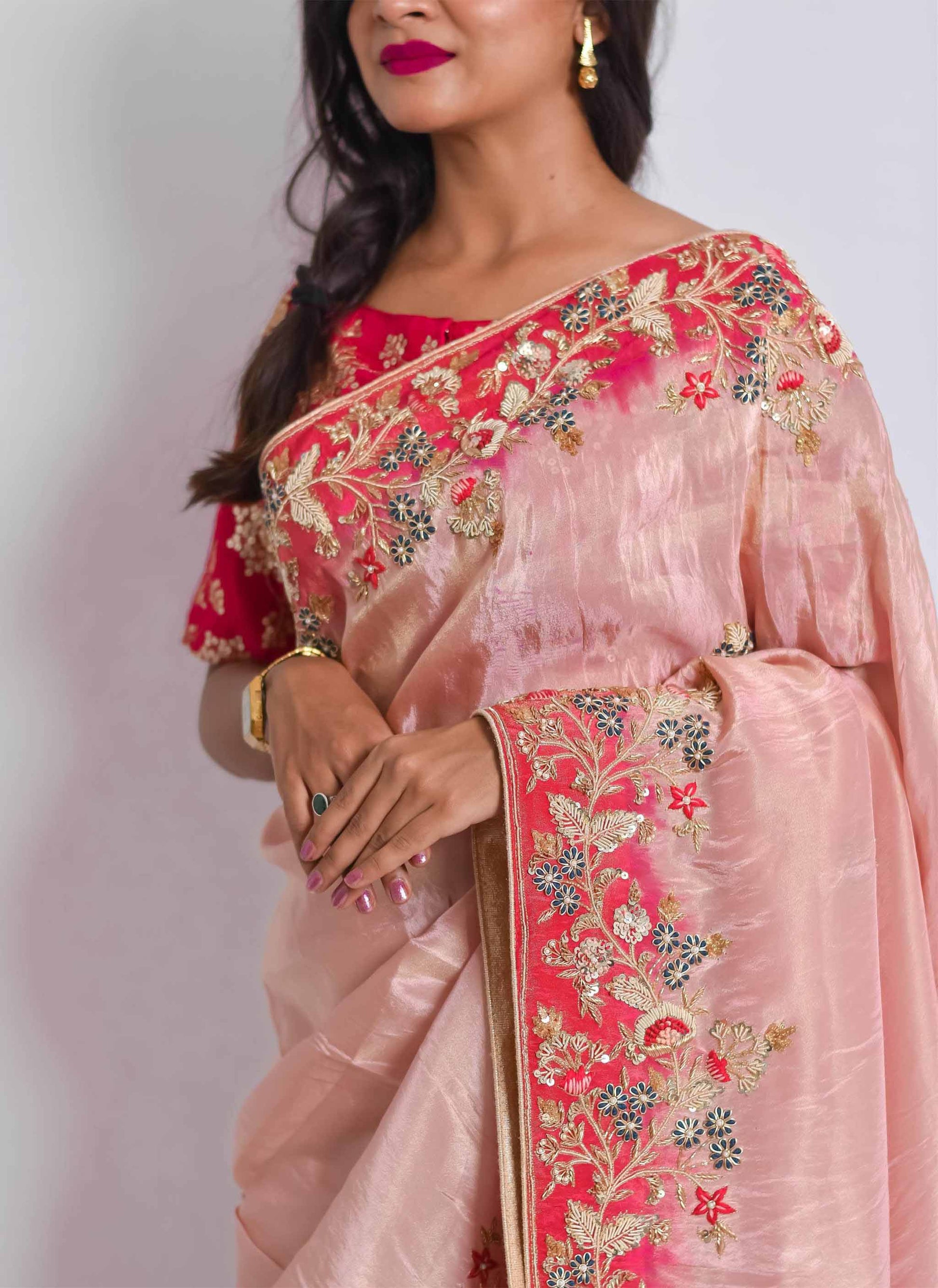 Pink Shaded Zardosi Handwork Saree