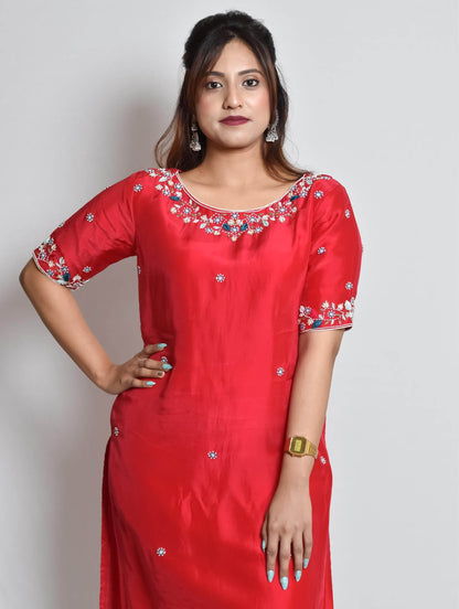 Pink Handwork Upada Silk Kurti