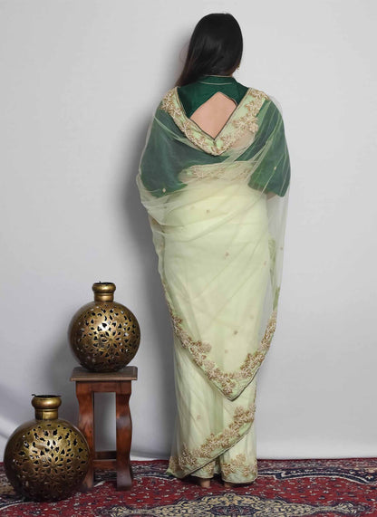 Green Moti Net Handwork Saree