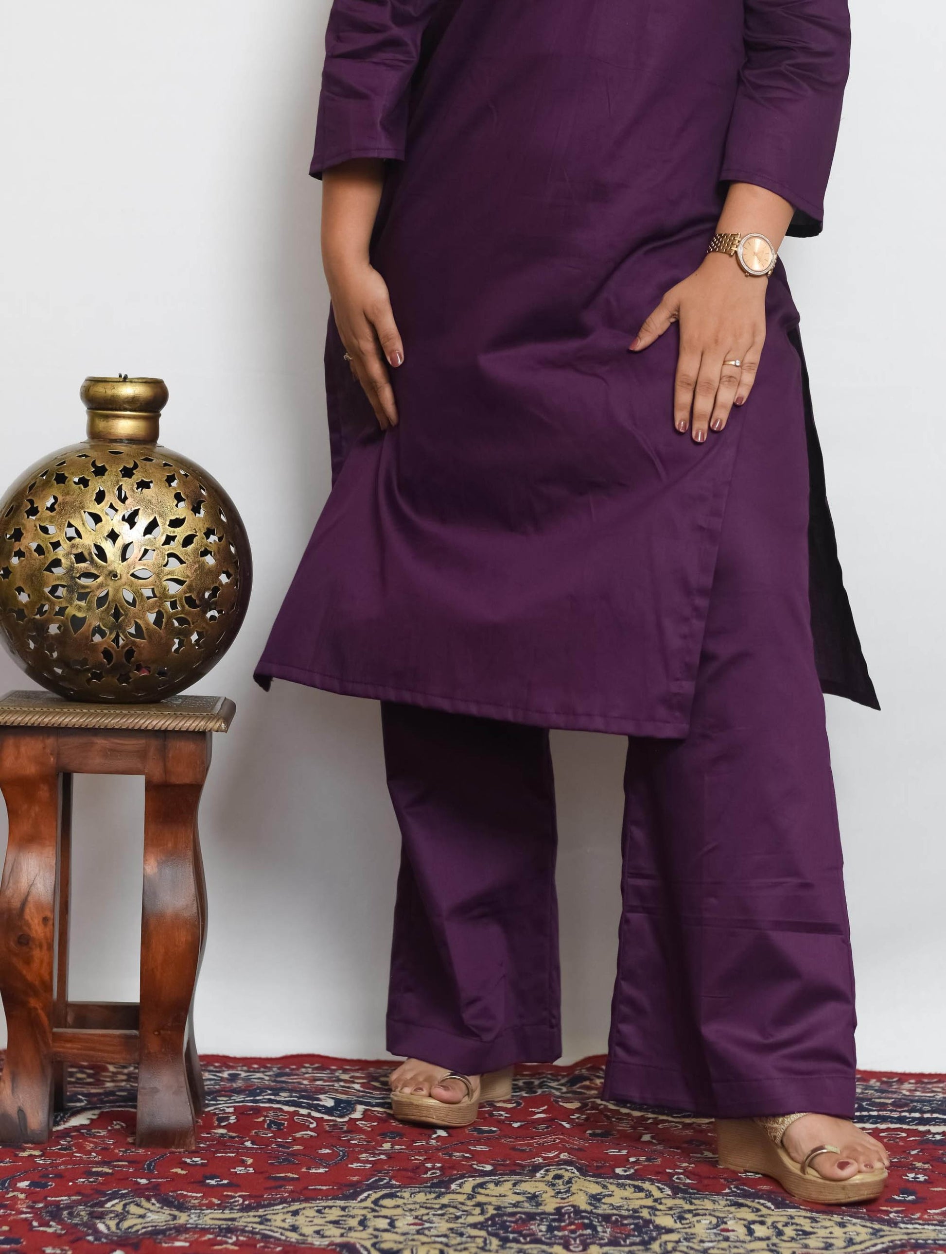 Wine Cotton Silk Kurti Set