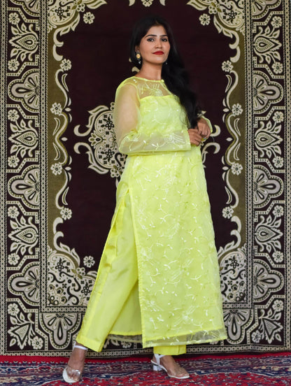 Yellow Organza Embroidered Kurti