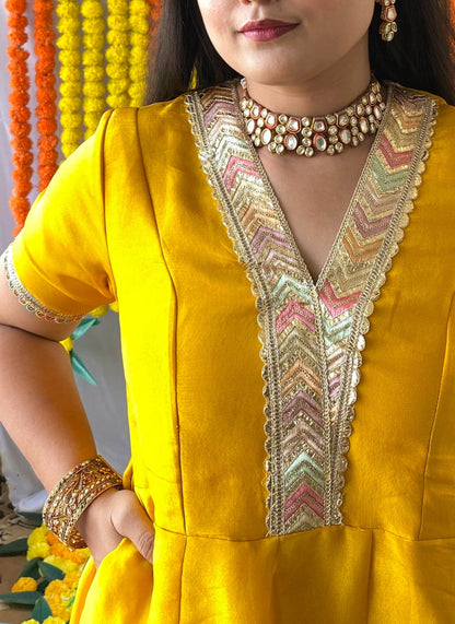 Yellow Banarasi Tissue Anarkali Set with Dupatta