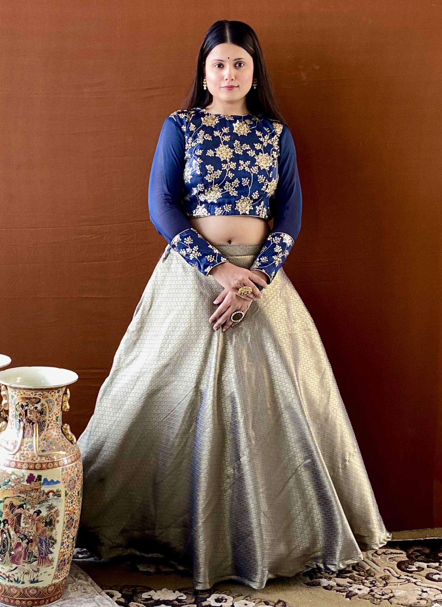 anvi ethnics grey banarasi lehenga set with sequin blouse 3 Ziva Grey Banarasi Lehenga Set