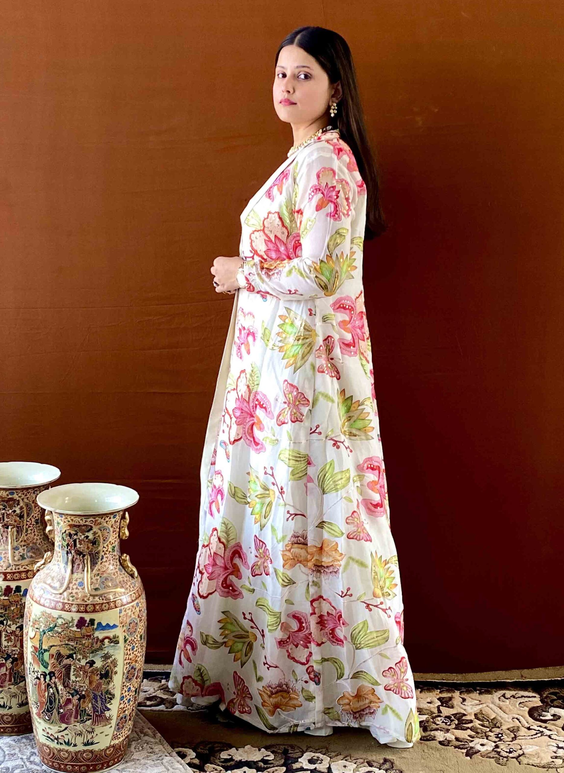 anvi ethnics white habutai gown with floral jacket 2 anvi ethnics white habutai gown with floral jacket 2